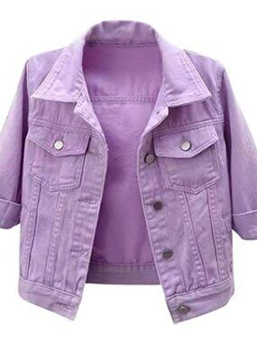 Women's Cropped Denim Jean Jacket 3/4 Sleeve Button Down Vintage Moto